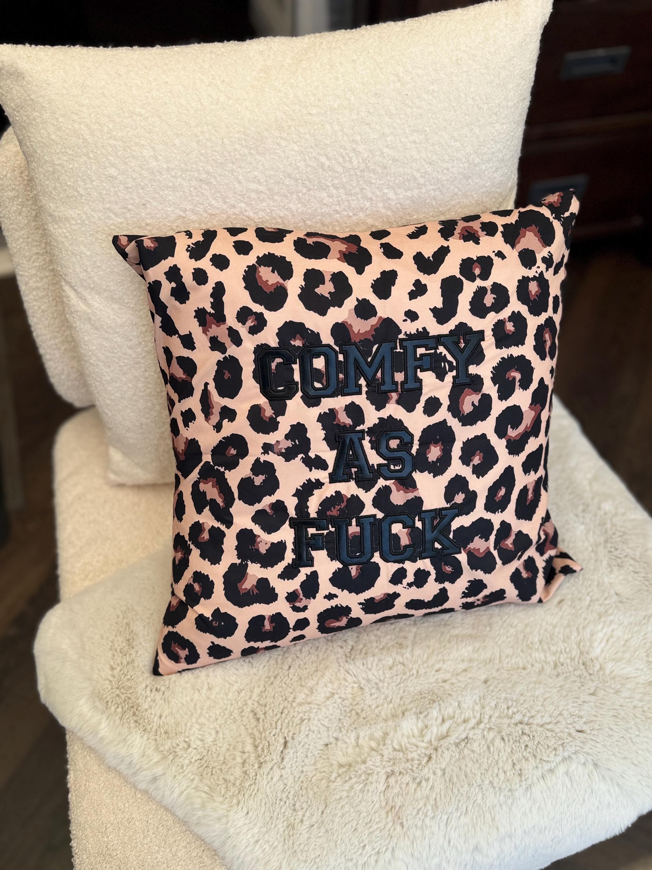 Leopard print cushion cover with ‘comfy as fuck’