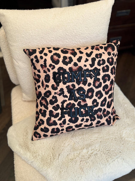 Leopard print cushion cover with ‘comfy as fuck’