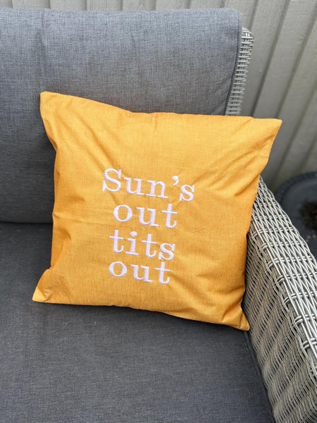Yellow outdoor cushion cover with funny quote