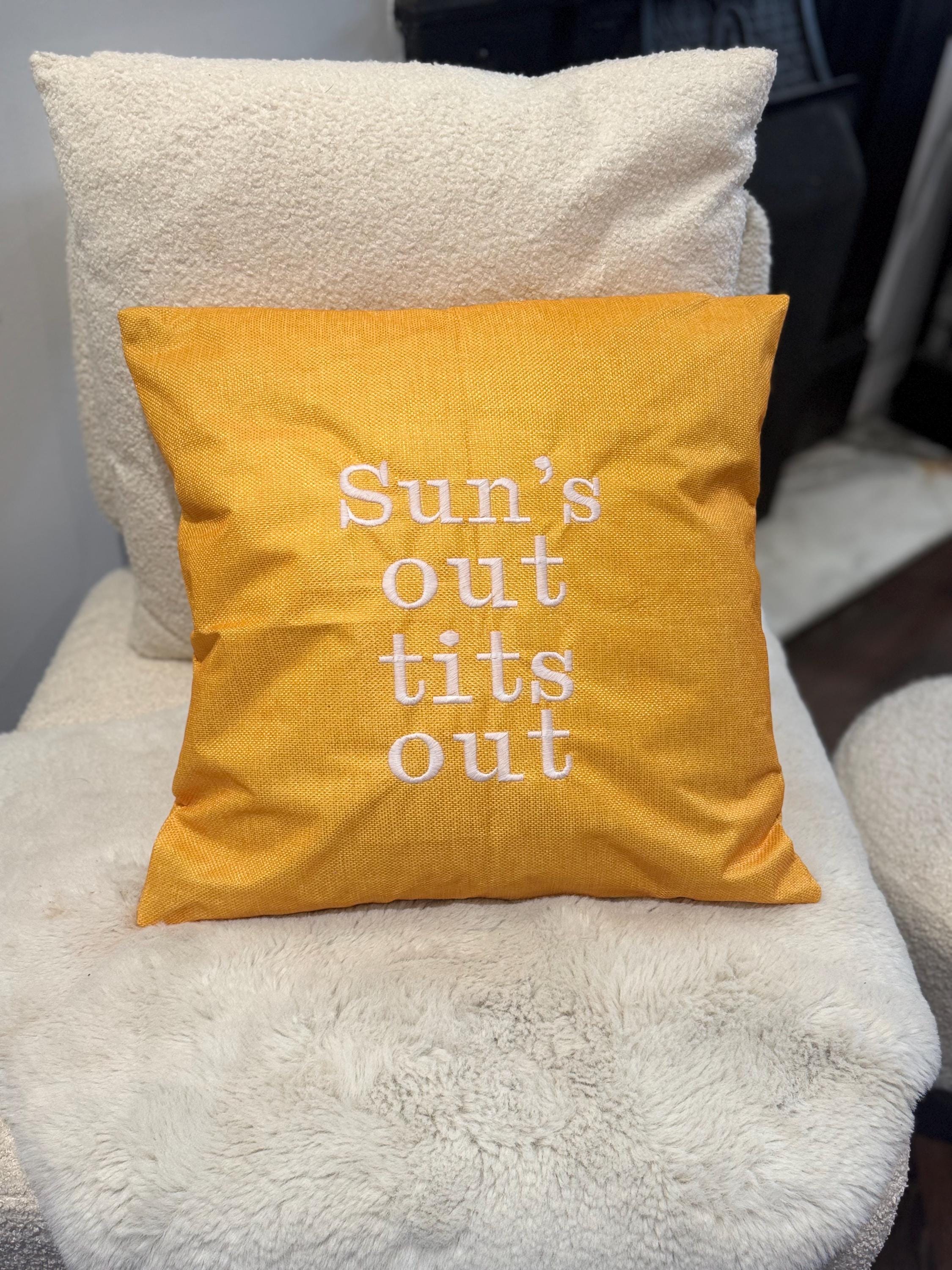Yellow outdoor cushion cover with funny quote