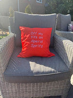 Orange square outdoor cushion cover with funny quote embroidered in white