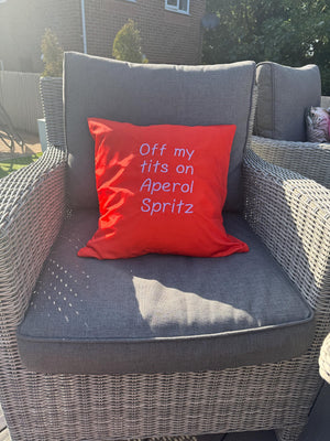 Orange square outdoor cushion cover with funny quote embroidered in white