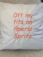 White cushion cover with funny quote embroidered in orange