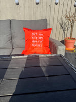 Orange square outdoor cushion cover with funny quote embroidered in white