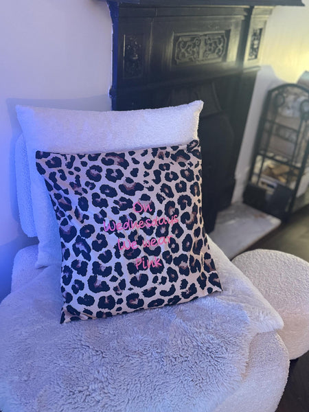 Leopard print cushion cover with mean girls quote “On Wednesdays we wear pink”