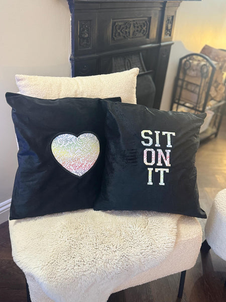 Naughty Velvet Cushion Duo – “Sit On It” & Rainbow Peen Heart