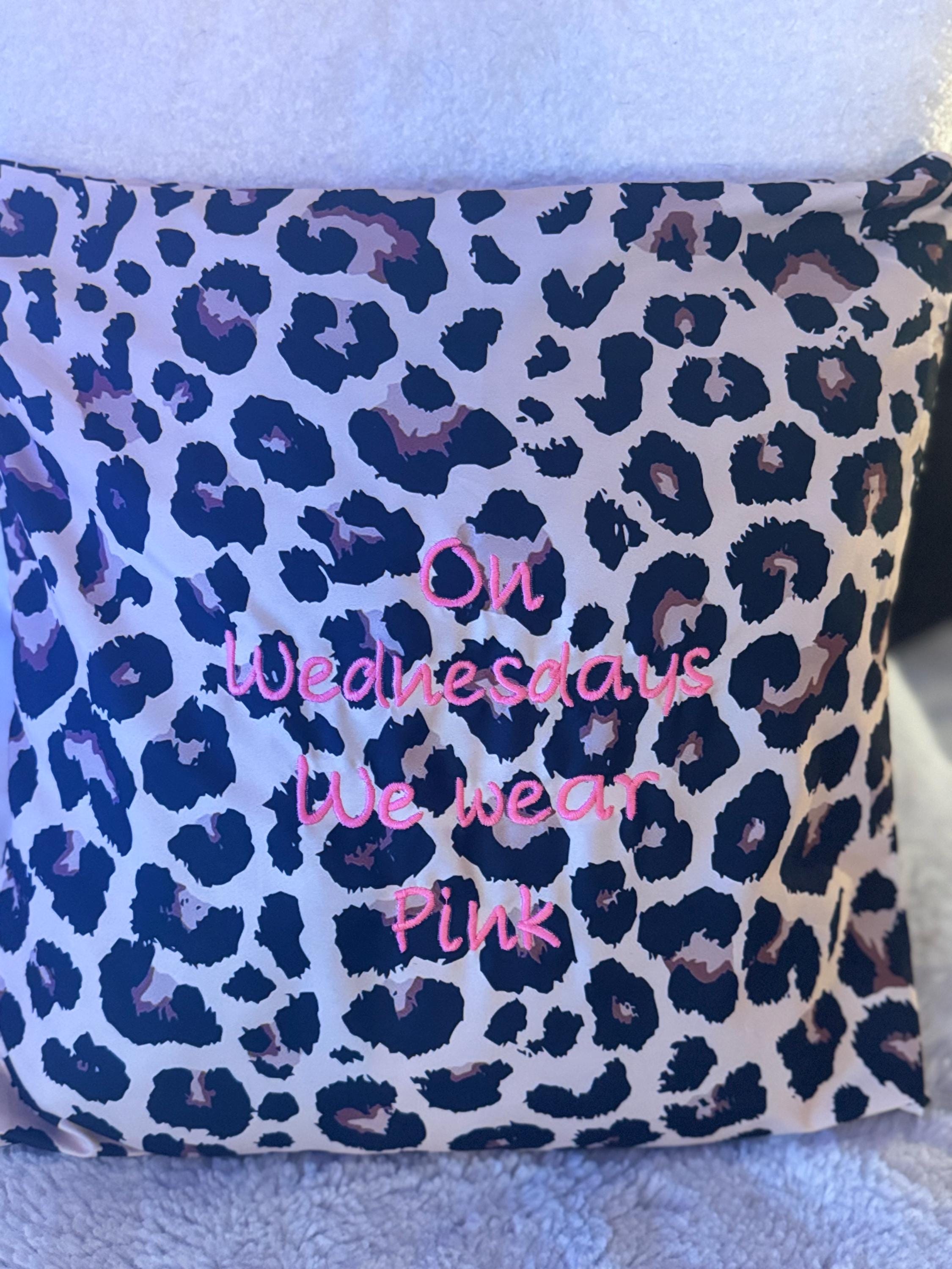 Leopard print cushion cover with mean girls quote “On Wednesdays we wear pink”