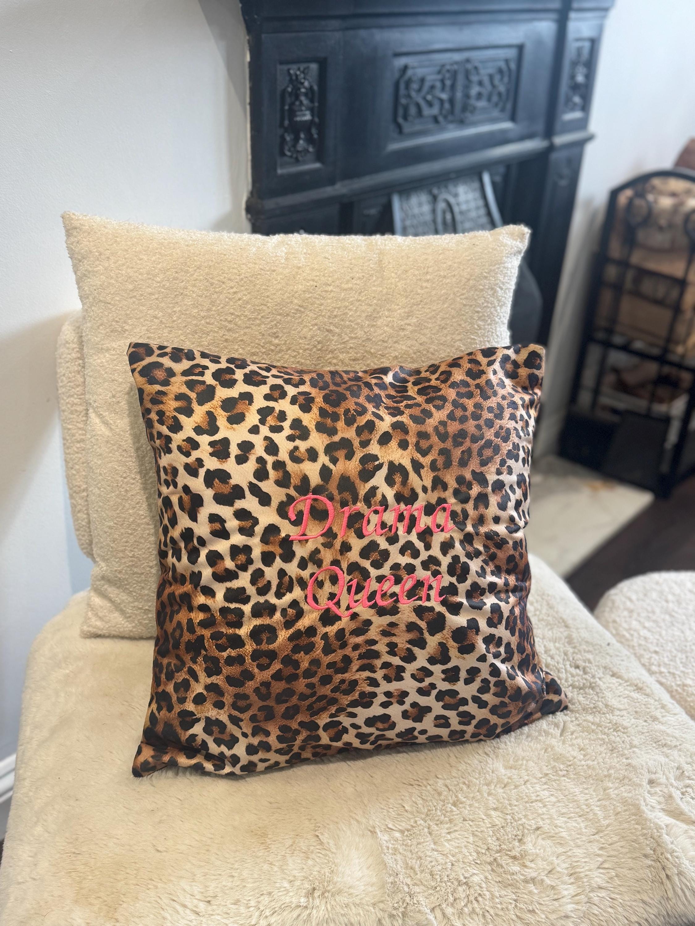 Drama Queen Leopard Print Cushion – Sassy Embroidered Throw Pillow – Bold Home Décor Gift