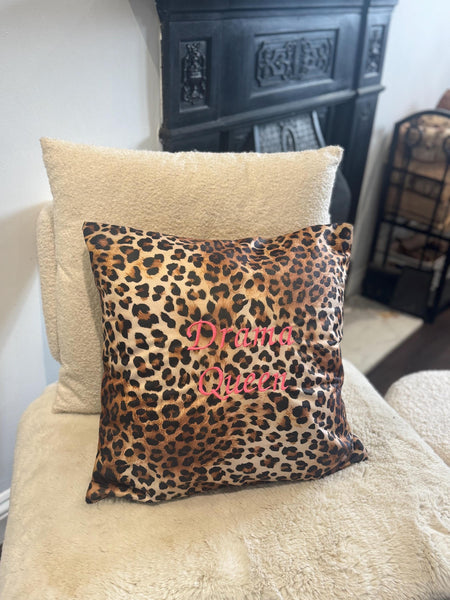 Drama Queen Leopard Print Cushion – Sassy Embroidered Throw Pillow – Bold Home Décor Gift