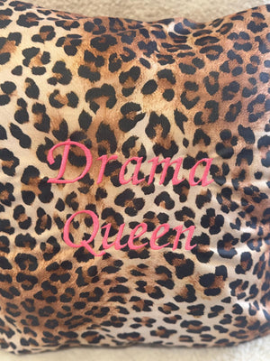 Drama Queen Leopard Print Cushion – Sassy Embroidered Throw Pillow – Bold Home Décor Gift