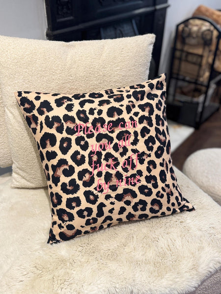 Rude Embroidered leopard print Throw Pillow: "Please Can You All Fuck Off By Nine"